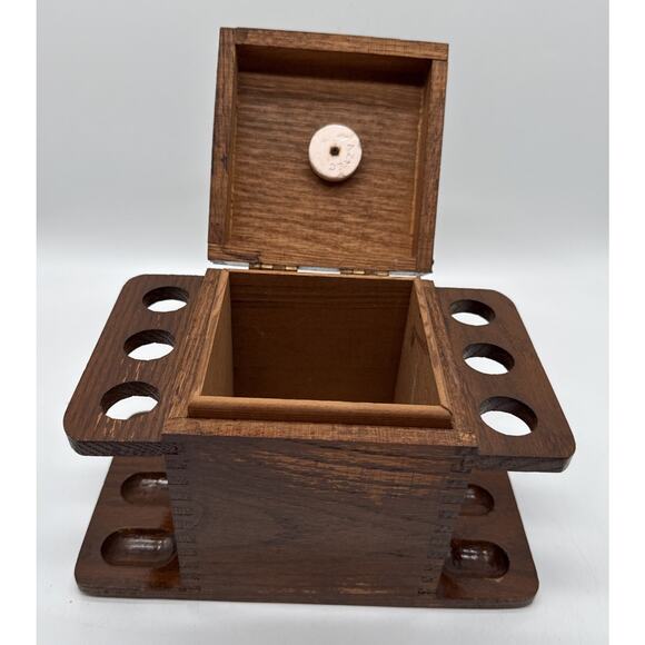 Vtg Decatur Finger Jointed Wooden Humidor Aztec Clay Moistener 6 Pipe Holder - Picture 2 of 11